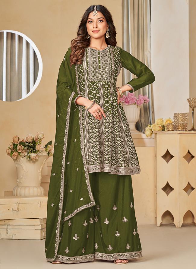 Chinnon Silk Green Eid Wear Embroidery Work Sharara Suit